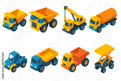 Industrial Vehicle Icons. Heavy industrial haulers isometric flat set: dump truck, haul truck, crane truck, tanker vehicle, tow tractor, shuttle cart, material hauler, lift cart.