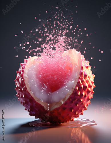 Illuminated exotic lychee fruit with pink heart shape. sweet, juicy, and fresh splash of liquid and particles creates feeling of vibrant refreshment