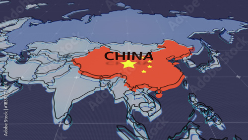 a futuristic 3D map showing part of China, flag of China.