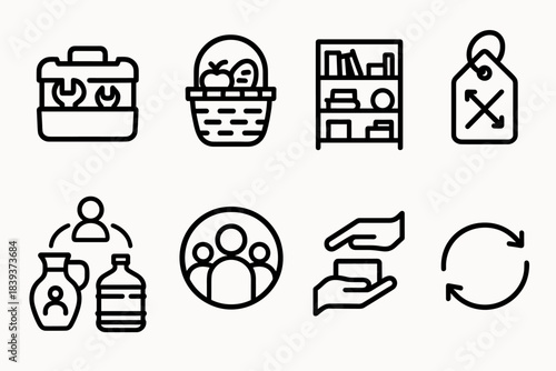 Community Resource Icons. Resource Sharing Essentials linear set: shared tool box, community basket, lending shelf, swap tag, shared water jug, cooperative icon, group handoff,