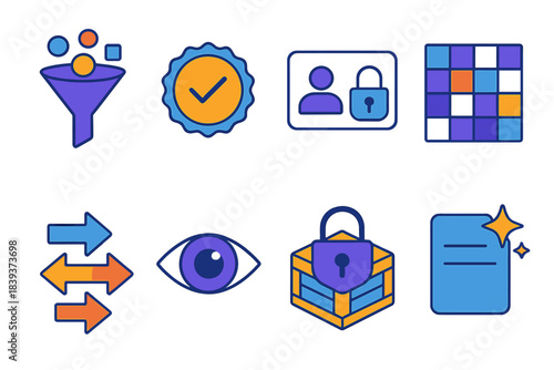 Data Integrity Icons. Trusted Data Handling Loop isometric flat set: collection funnel, security seal, user authentication step, data masking grid, controlled sharing arrows,