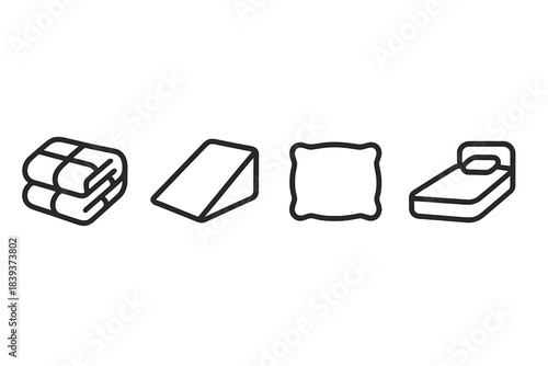 Sleep Essentials Icons. Nighttime Rest Essentials linear set: comforter fold, support pillow wedge, gentle-sleep liner.