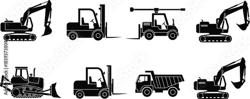 Silhouettes of eight construction and industrial vehicles including excavators, forklifts, bulldozer, crane, and dump truck