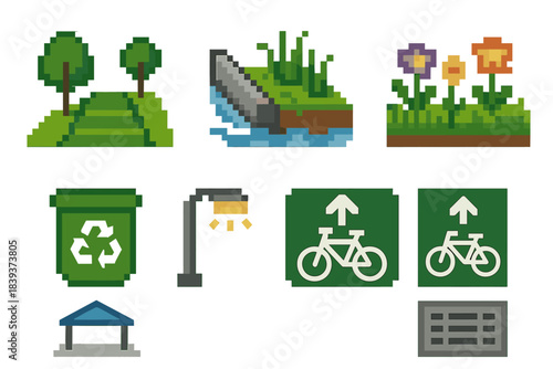 Urban Eco Actions Icons. Urban environmental actions set of icons in flat pixel vector style: green walkway, water filtration curb, recycling arrows bin, pollinator strip,