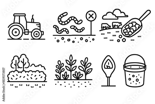 Regenerative Farming Icons. Regenerative Farming Set linear set: no-till planter, earthworm-rich soil, rotational grazing marker, biochar scoop, hedgerow line, perennial bed,