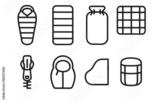 Sleep System Icons. Sleep System Essentials linear set: mummy-style bag, wide rectangular bag, roll-top stuff bag, thermal liner tile, zipper guard bar, insulated hood patch,