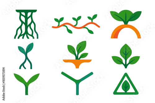 Vibrant Bio-Structural Icons. Bio-Structural Growth Forms flat set: root-lattice column, living girder line, adaptive plant brace, emerging canopy arc, organic tension strand,