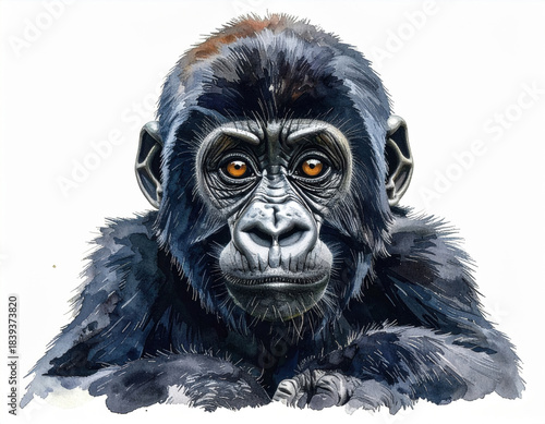 Watercolor style portrait of an infant mountain gorilla with curious look. young baby ape artwork, isolated on white background, expresses sweet innocence