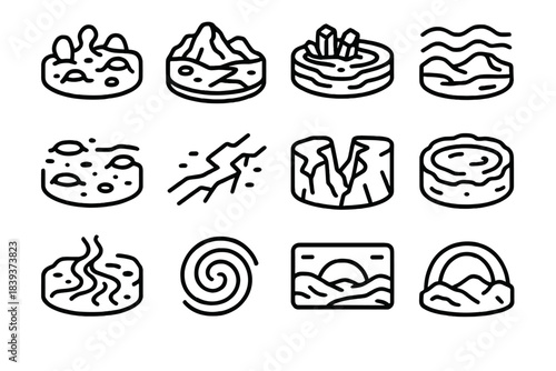 Alien Terrain Icons. Unexplored Planetary Frontiers linear set: alien terrain tile, rocky exoplanet ridge, mineral-rich basin node, unknown atmosphere haze, crater field bar,