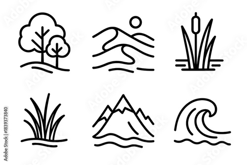 Diverse Habitats Icons. Habitat Diversity linear set: forest canopy, desert dune, wetland reed, grassland tuft, alpine ridge, coastal wave.