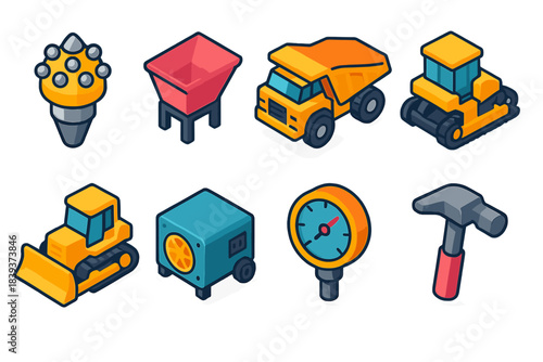 Resource Extraction Icons. Resource extraction & construction icons isometric flat set: mining drill head, ore chute, rugged dump truck, road paver, crawler dozer, generator unit,