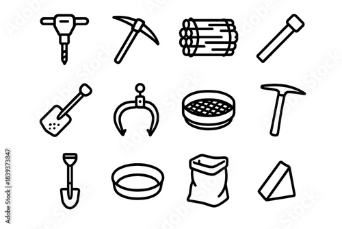 Geological Tools Icons. Rock & Soil Handling Tools linear set: rock drill, pickaxe, blasting mat, core sample tube, scree shovel, boulder clamp, soil sieve, geology hammer, trench