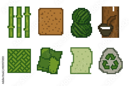 Pixel Green Materials Icons. Green material collection set of icons in flat pixel vector style: bamboo panel, cork tile, wool yarn, natural rubber sap, woven grass mat, repurposed