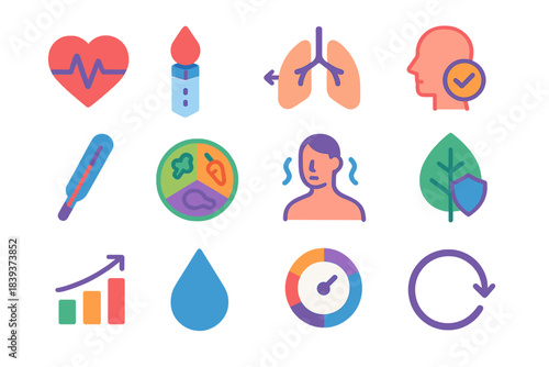 Preventive Health Icons. Preventive Health Indicators isometric flat set: heart rhythm line, blood drop test strip, lung capacity icon, skin check marker, temperature icon,