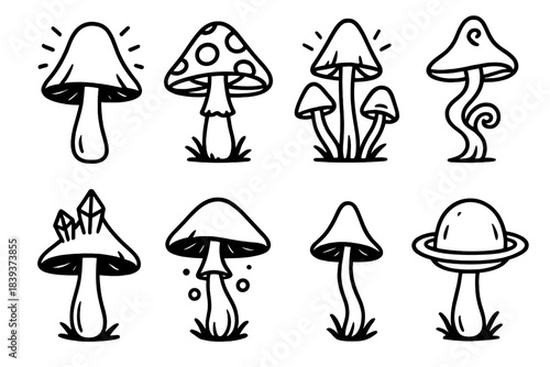 Whimsical Mushroom Icons. Enchanting fantasy mushroom set linear set: glowing cap mushroom, spotted toadstool, bioluminescent cluster, spiral-stem fungus, crystal-tipped mushroom,