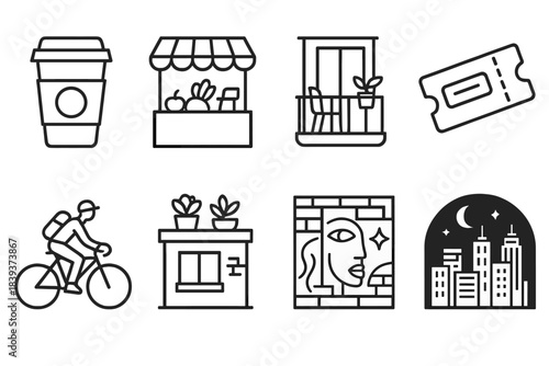 Urban Lifestyle Icons. Urban lifestyle features set linear set: city café cup, street market stall, apartment balcony, metro ticket, bike commuter, rooftop garden, street mural,