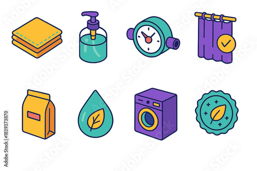 Eco-Friendly Icon Collection. Low-Impact Home Practices isometric flat set: cloth napkins, refillable dispenser, water meter icon, insulated curtain, minimal packaging bag, eco