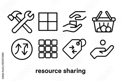 Resource Sharing Icons. Resource Sharing linear set: shared tools icon, divided box, passing hand, community basket, supply arrows, shared grid, exchange tag, contribution dot.