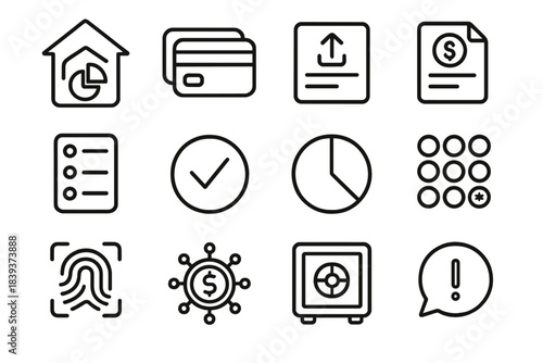 E-Wallet Icon Set. E-Wallet Interface Elements linear set: home dashboard, card carousel, transfer form, bill pay icon, activity log, verification checkmark, budgeting pie chart,