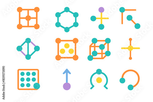 Vibrant Crystal Lattice Structures. Crystal Lattice Structures flat set: cubic lattice tile, hexagonal node, tetragonal bar, orthorhombic ring, face-centered patch, body-centered