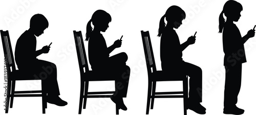 Silhouettes of children using smartphones in seated and standing poses, illustrating digital engagement and modern screen habits