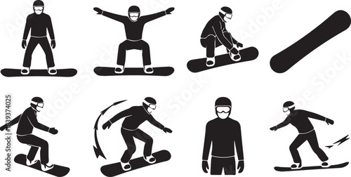 Snowboarder icons set various poses and actions of snowboarding on
