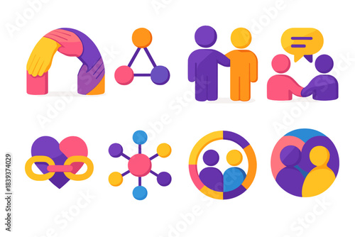 Colorful Bonding Icons. Human Bonding Set flat isometric set: unity hands arc, shared intention node, collaborative duo icon, meaningful exchange bubble, heartfelt link symbol,