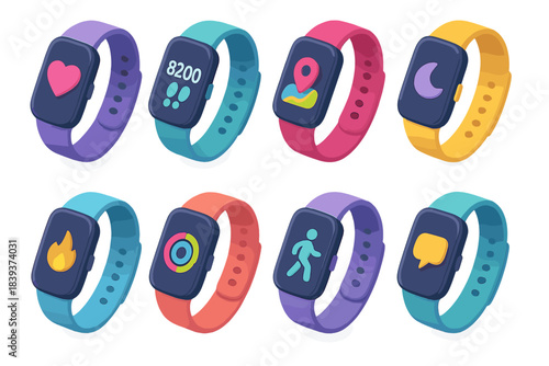 Colorful Fitness Trackers. Fitness trackers flat isometric set: smart wristband, heart rate monitor, step counter, GPS tracker, sleep tracker, calorie tracker, activity ring,