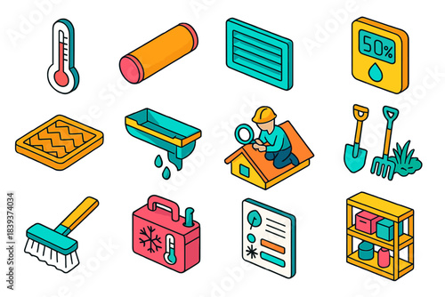 Seasonal Home Care Icons. Season-Ready Home Care isometric flat set: temperature gauge, draft stopper, air vent cover, humidity reader, outdoor mat, rain guard, roof inspection
