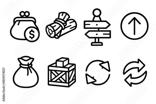 Virtual Economy Icons. Virtual Economy Components linear set: coin purse, material bundle, trade board, merchant marker, upgrade token, barter goods sack, resource crate, exchange