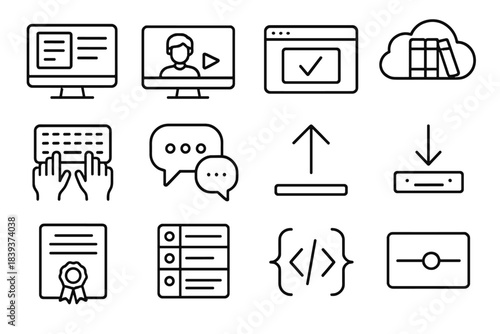 E-Learning Icons Set. Digital Learning linear set: e-learning screen, video lecture window, quiz checkmark, cloud library, typing keyboard, discussion forum bubbles, upload arrow,