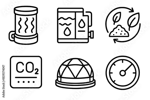 Space Habitat Ecosystem. Space Habitat Regeneration Set linear set: algae bioregen tank, water purification module, compost-to-nutrient icon, CO₂ scrubber tile, living habitat pod,