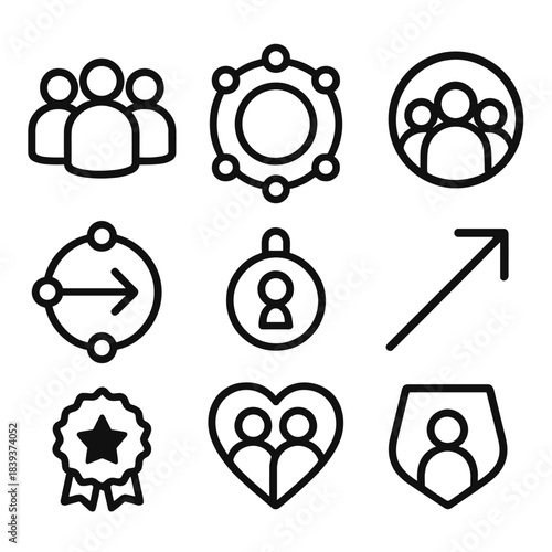 Virtual Collective Icons. Virtual Collective Persona linear set: group archetype symbol, network signature ring, unified presence orb, consensus path arrow, co-creation node,