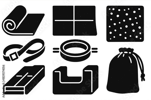 Brutalist Yoga Gear Icons. Yoga practice gear silhouette set: soft mat, travel fold mat, guiding-line strip, textured surface tile, handle strap, grip band, corner hold, storage