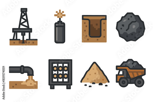 Resource Extraction Icons. Resource extraction workflow set of icons in flat pixel vector style: drill rig setup, blast charge symbol, excavated trench, raw ore chunk, slurry line,