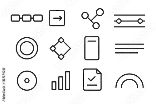 Holistic System Icons. Holistic Visibility Systems linear set: workflow span tile, process-step node, data lineage arrow, cross-domain link bar, transparency indicator ring,