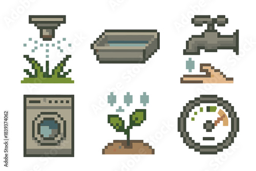 Eco-Smart Water Icons. Eco-Smart Water Use pixel style set: smart sprinkler head, capture tray, mindful faucet turn, optimized washing cycle, rain garden sprig, savings meter.