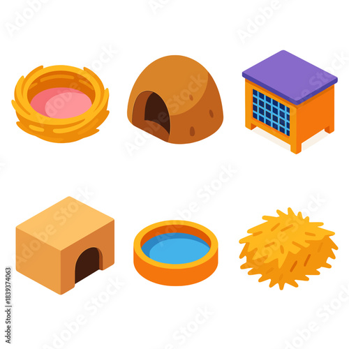 Isometric Animal Habitats. Small Animal Habitats isometric flat set: cozy nest, burrow entrance, small hutch, hideout box, water dish, bedding straw.