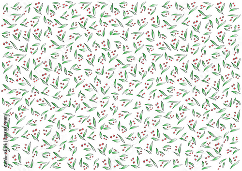 葉っぱと赤い実のボタニカル柄イラスト