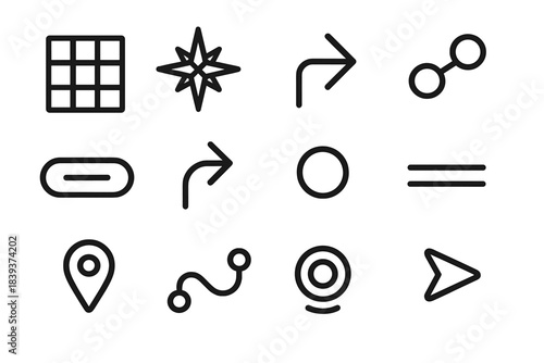 Navigation Icon Set. Wayfinding Toolkit linear set: map grid, compass rose, route arrow, path node, navigation bar, turn-by-turn cue, waypoint dot, orientation strip, destination