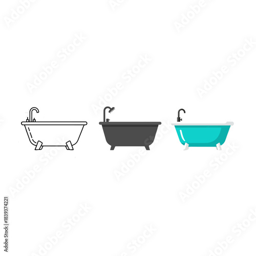 Collection of bathtub icons, a classic clawfoot tub in outline, a modern dark grey bathtub, and a vibrant teal bathtub