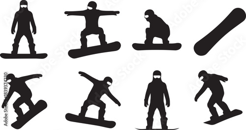 Snowboarder silhouettes in various poses