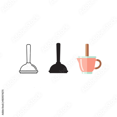 Set of three plunger icons a line drawing a solid silhouette and a pink measuring cup with a wooden stick
