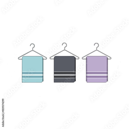 Three colorful towels hanging on hangers, light blue, gray, and purple, with striped patterns, clean and neat.