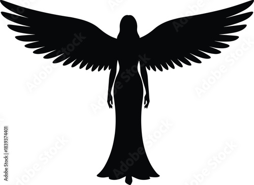 Silhouette of winged figure in flowing gown with outstretched wings, symbolizing angelic presence, spirituality, and mythical elegance