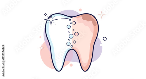 Illustration showing the process of teeth whitening with one side of a tooth clean and sparkling and the other stained.