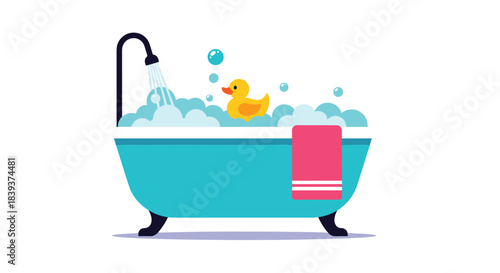 Blue bathtub filled with soap bubbles and water with a yellow rubber duck and a pink towel hanging on the side.
