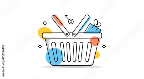 Line art illustration of a shopping basket with a gift box inside and colorful abstract circles in the background.