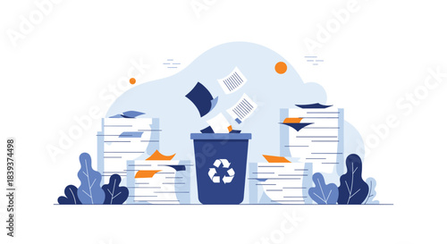 Illustration of paper waste management with documents flying into a recycling bin surrounded by stacks of paper.