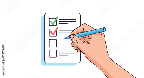 Hand holding a blue pen and marking items on a checklist with green and red check marks for a survey or test.